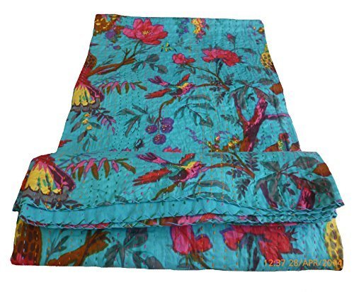 Handicrunch Bird Print King Size Kantha Quilt Sky Blue, Kantha Blanket, Bed