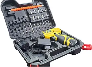 Cheston Cordless Drill Driver Kit with 24 accessories for Drilling and Screwdriver Keyless Chuck with 2 batteries LED torch Reversible Variable Speed and Torque Setting (Yellow, 10 mm, 19 with 1)