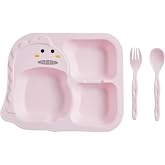 Flybee Captain Dinomini 3 Compartment Fun Nutrition Plate, Food Plate, Fork Spoon Set (Pink)