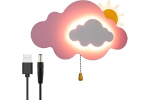HKLY Applique Murale Nuage Interieur Chambre Enfant avec Interrupteur, Lampe USB Rechargeable de Chevet Sans fil Metal 5000 mAh Batterie Veilleuse,3000L-6000K (Pink)