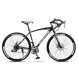 bicicleta carretera aluminio ligera Freno de disco mecánico delantero y trasero con rotores de disco de estilo ondulado, llantas de aleación y neumáticos de bicicleta de agarre seguro.