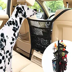 Pawaboo Dog Car Barrier, Upgraded 5-Layer Dog Net Safe Drive Disturb Stopper Easy Install Pet Stretchable Mesh Obstacle with Carabiners & Hooks, Back Seat Net Organizer Storage Pouch Bag Fit All Cars