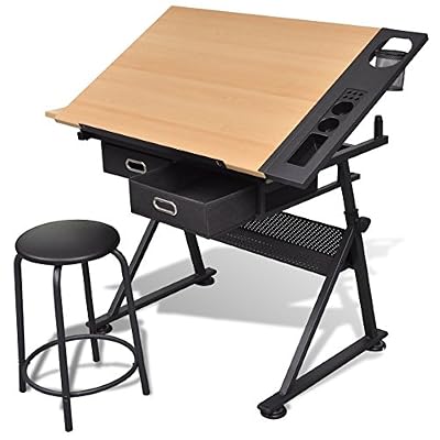 VIDAXL Table à dessin inclinable avec tabouret - plateau inclinable - 2 grands tiroirs - 118 x 62 x 68,5 cm -106( L x P x H)