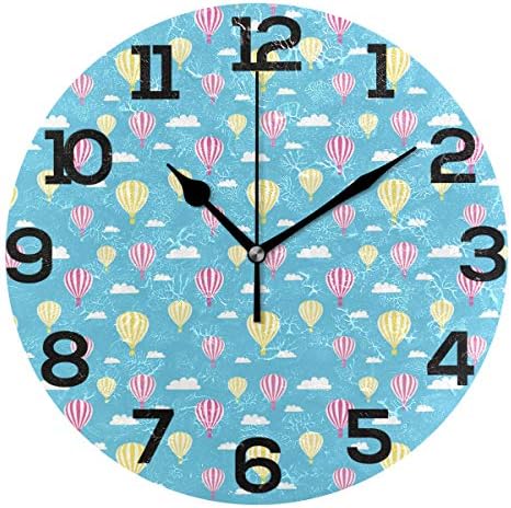 Wall Clock Hot Air Balloons Yellow Pink Pattern Round Acrylic Clock Black Large Numbers Silent Non-Ticking 9.45" Clock Decorative Painting Battery Operated Clock For Home School Hotel Library