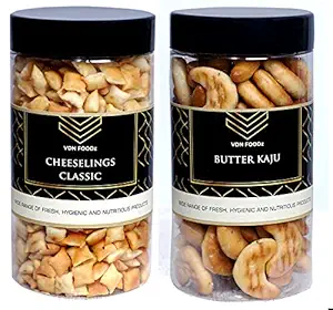 VDN FOODz Cheeselings Classic & Salted Butter Kaju (Cashew) Biscuits Combo Pack || Mini Cracker Bites || Chai (Tea) Time Assorted Snacks, (120 gm + 100 gm)