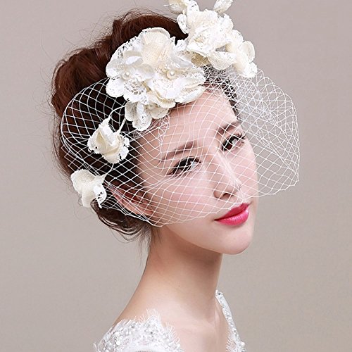 Veewon Retro Braut Hochzeit Fascinator Haar Clip Hüte Spitze Blume Haarnadel Mesh Netzschleier Stirnband