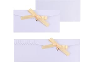 AMASSAN 50 Pieces White Gold Envelopes with Bow Tie Closure, Paper Greeting Card Holders for Invitations Mail Postcard Bills Wedding Party Favors Business Cards, 8.66 x 4.33 Inches