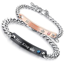 Flongo Pulseras para Parejas, His Queen y Her King, Acero Inoxidable Pulseras de Amor, Color Negro Oro Rosa, Los Enamorados Regalo para San Valentín/Navidad, Un par