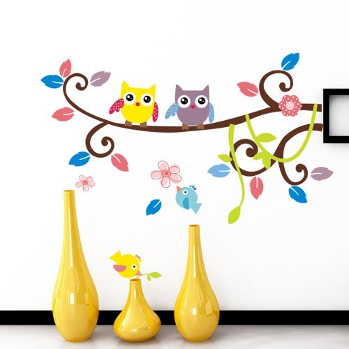 Farbig Wandtattoo Kinderzimmer Tür Festern Dekor bunt Eulen Baum entfernbar Wandstickers. QT35 - 2