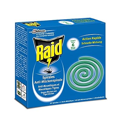 Raid Spirales Anti-Moustiques, 10 Spirales, 1 Socle Métallique, Usage Extérieur, Diffusion 6h, Insecticide