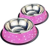 SAVORI 12 Zeilen Bling Bling Strass Metall Edelstahl Single Fressnapf / Pet Feeder 320ML für Tiere, Welpen, Katzen - 2 Stück (Heißes Rosa)