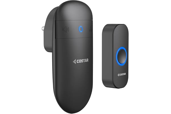 COSTAR Wireless Door Bell Kits Chime for Home Office with LED Light 300 Meter 1000 Feet Operating Range 32 Ringtones 5 Levels Volume, 1 Receiver and 1 Push Button IP44 Waterproof (Pebble T301-Black)