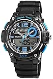 Herrenuhr Analog Digital Armbanduhr Schwarz Blau + Box Quarz Silikon Herrenuhr Chronograph Sport Alarm Licht Stoppuhr Datum AnaDigi