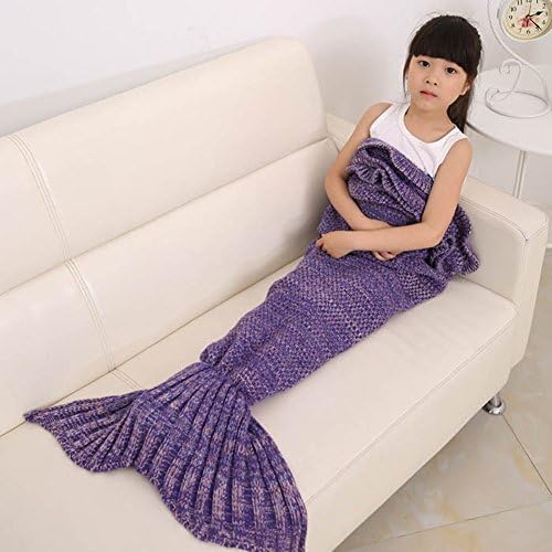 Juissie Girls Crochet Mermaid Tail Blanket Knitting Sleeping Bag Handcraft for Kids, All Seasons Sleeping Bag Blanket , 140cmX70cm（55.1 x27.6 ）(Purple)