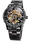 Alienwork IK Herren Damen mechanische Automatik-Uhr schwarz mit Edelstahl Metallarmband Skelett