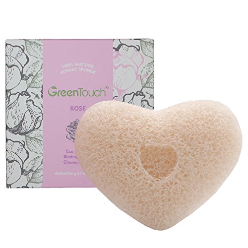 GreenTouch All Natural Konjac Facial Sponge with Rose Essence | Remove the Oil & Exfoliation | Heart-shape Deep cleaning | Plant Fiber 100% Biodegradable | Pink