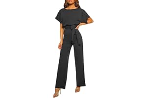 YILEEGOO Women's Casual Jumpsuits Solid Color Batwing Sleeve Playsuit Crewneck Loose Rompers Belted Wide Legs Overall S-3XL