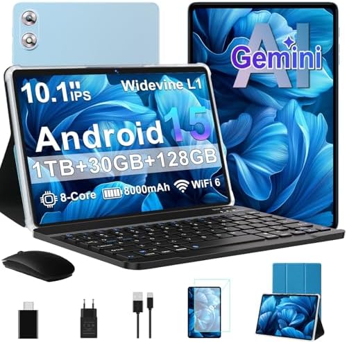 Tablet touch Android 15 Gemini AI 10,1 pollici, 30 GB RAM+128 GB ROM, blu
