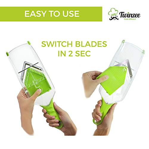 Die Twinzee Compact V-Hobel Mandoline Reibe – sie wird mit vier Aufsätzen mit Klingen aus rostfreiem Stahl geliefert und verfügt über einen praktischen Griff in schützender und ergonomischer Form. - 6