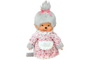 Sekiguchi 233150 - Original Monchhichi Großmutter, Plüschfigur mit Blümchenkleid, Schürze und Zopf mit Schleife, ca. 20 cm großes Kuscheltier aus grauem Plüsch