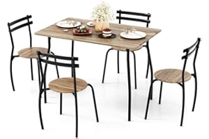 GiantexUK Kitchen Dining Table Set, Wooden Rectangular Table with 4 High Backrest Chairs, 5-Piece Table Chair Set for Living Room, Dining Room, Restaurant (Round Seat, Natural)