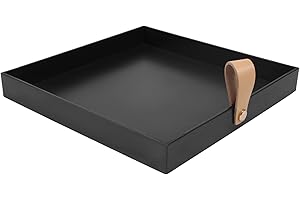 Niejgay Vassoio da Portata Quadrato Piatto Cosmetici Articoli Vari Piatto Portaoggetti da Tavolo Nero Vassoio con Manico el Pelle Pu