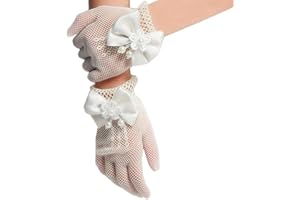 Liummrcy Guantes nupciales, guantes de aleta, guantes de encaje de corbata de las niñas de las flores, decoración de perlas de encaje para bownot para el concurso de Sagrada Comunión Noche