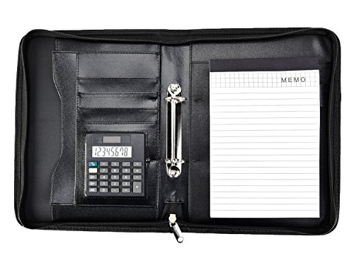 Arpan - Carpeta ejecutiva con archivador de anillas  A5  con cremallera  calculadora y bloc de notas  color negro