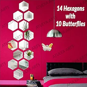 Atulya Arts - 3D Hexagon Acrylic Stickers (Pack of 14) with 10 Butterflies, Acrylic Mirror Wall Stickers for Home & Offices(Silver)