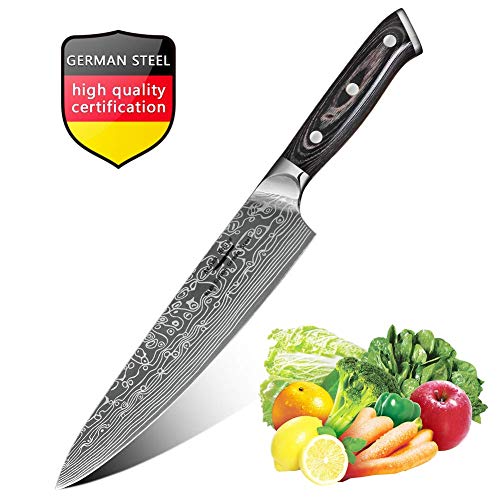 Aroma House 8 Inch Chef Knife, Damascus Pattern Blade Kitchen Knives, Chef's Knife Meat Vegetables Fruit High Carbon Stainless Steel Knife, Best Food Cutter for Home and Kitchen, Ergonomic Pakkawood H