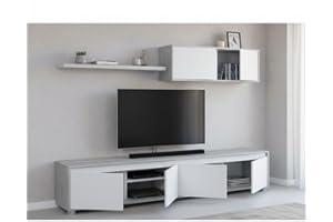 Dmora - Parete attrezzata Savannah, Mobile da soggiorno porta TV, Composizione set salotto, Set salotto con pensile, 200x41h43 cm, Bianco e Cemento