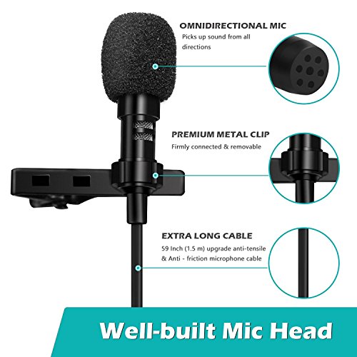 Microfono Lavalier, SYFIELD Mini Microfono Clip a Condensatore Omnidirezionale 3.5mm con 2 adattatore per Smartphone, PC e Line-in Registratore, Nero