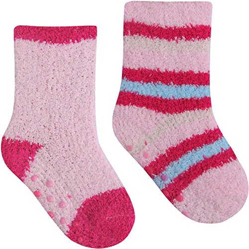 Baby Girls Super Soft & Fluffy Cosy Gripper Socks (2 Pair Pack) (UK Infant Shoe 3-5.5 (Euro 19-22), Raspberry & Pink)