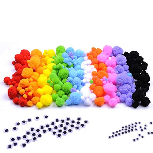 400 Stück 10-35 mm Bunte Mini Pompons Kinder zum Basteln toll Figuren und Dekoration mit 200 Stück runde Wiggle Glubschaugen Wackelaugen mit Selbstklebende