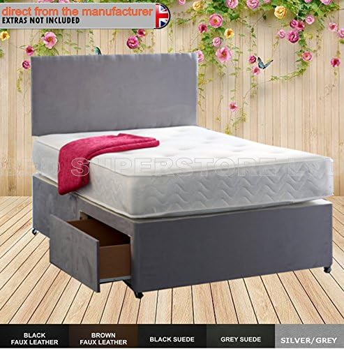3 ft Single Divan Bed Set - Headboard, Memory Foam Mattress, Divan Bed Base (Faux Suede Grey, 2 Drawers)