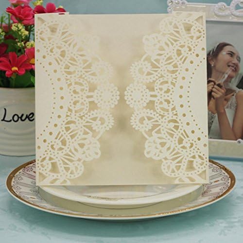 Wedding Party Invitations,Kingko® 20 PCS Delicate Carved Romantic Marriage Anniversary Cardstock Important Day Card Envelope - Symmetrical Hollow Floral Pattern Design (Beige)