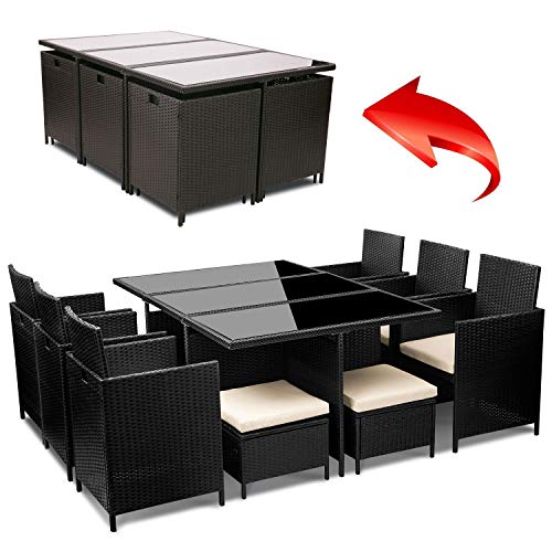 HQQNUO - Juego de Mesa y sillas de Comedor de ratán para jardín, 11 Piezas de Muebles de Comedor de ratán (11 Piezas), Color Negro