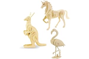 Georgie Porgy Woodcraft Construction Kits 3D Wooden Puzzle Jigsaw Wooden Model Kits for Kids Toy Age 5+ Pack of 3 (Unicorn Kangaroo Flamingo)