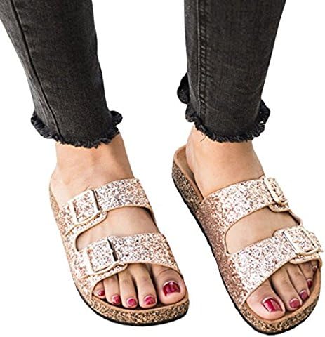 Womens Double Buckle Strap Footed Sandals Slip On Platform Cork Sole Slide Adjustable Flats (EU37, Gold)