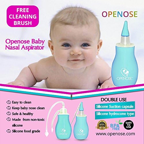 Openose Baby Nasal Aspirator and Booger Remover with Silicone Suction Capsule Include Cleaning Brush. Nose Suction Sucker for New Borns, Cleanable and Reusable BPA Free (Light Blue) by OpenoseTM