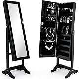 Deuba Schmuckschrank mit Spiegel schwarz, stehend & abschließbar Standspiegel Schmuckkasten Spiegelschrank, 149x40x40cm