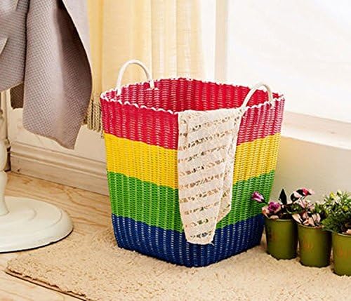 Square Clothes Clothes Basket Dirty Clothes Baskets Laundry Baskets Plastic Woven Baskets Rattan Weaves Clothes Containers Basket Toy Buckets ( Color : Blue Rainbow Color )