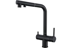 SJQKA Rubinetto 3 Vie Doccetta Estraibile, Rubinetto Lavello Cucina 3 Vie Miscelatore Cucina 3 Vie Girevole A 360°, Rubinetto Tre Vie Per I Sistemi Osmosi (nero)
