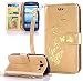 Produktbild Roreikes Schutzhülle für Samsung Galaxy A3 (2015) SM-A300F, Hülle Muster Blume Strap Lanyard Wallet Cover Tasche golden Butterfly Blume PU Leder Flip Case Handytasche Muster Schutz Hüllen im Bookstyle Handyhülle Ledertasche mit Stand Funktion Kartenfächer Magnetverschluss Magnet Etui Schale Schutzhüllen für Samsung Galaxy A3 (2015) SM-A300F - Golden