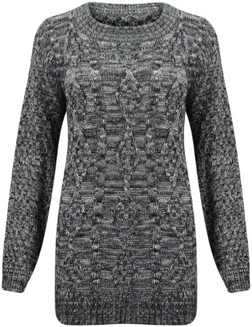 (M) WOMENS LONG SLEEVE CHUNKY DIAMOND CABLE KNITTED LADIES JUMPER SWEATER KNIT TOP | CHARC - Chunky cable knit LONG jumper | ML 12/14