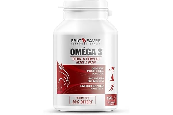 OMEGA 3 - Huile de Poisson 3000mg + Vitamine E - Hautement Dosé en EPA DHA - Concentration, Mémoire, Cardioprotecteur - Sans Odeur - Programme 60J - Eric Favre