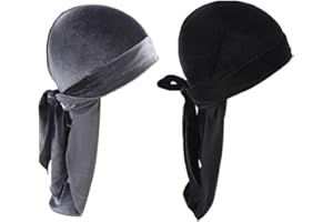 CAMELLIASS 2pcs Velvet Durag for Men Women, Long Tail Durag Headwraps Cap Pirate Bandanas Turban for 360 Waves (Grey + Black)