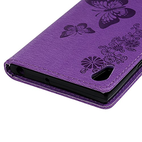 Sony Xperia XA1 Flip Hülle Sony Xperia XA1 Wallet Case YOKIRIN Premium PU Leder Flipcase Brieftasche Book Cover Ledercase Handyhülle Folio Schutzhülle Handytasche Handyschale [Standfunktion Kredit Kartenfächer Magnetverschluss] Groß Schmetterling Lila - 3