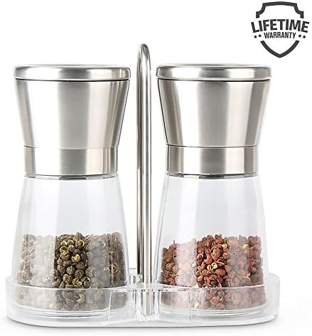 Gerhannery Manual Pepper Grinder, Durable Salt and Pepper Mills Set with Transparent Acrylic Hand Cradles for Kitchen Pepper Grinder Stainless Steel Salt and Pepper Shakers with Adjustable Coarseness