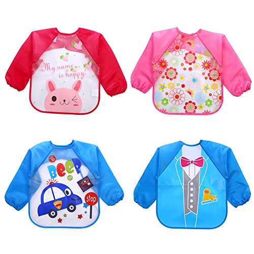 Set de 4 Unisex Bebé Babero con mangas, sunbeter EVA Babas delantal impermeable de largo manga para 1 A 5 Años de Edad